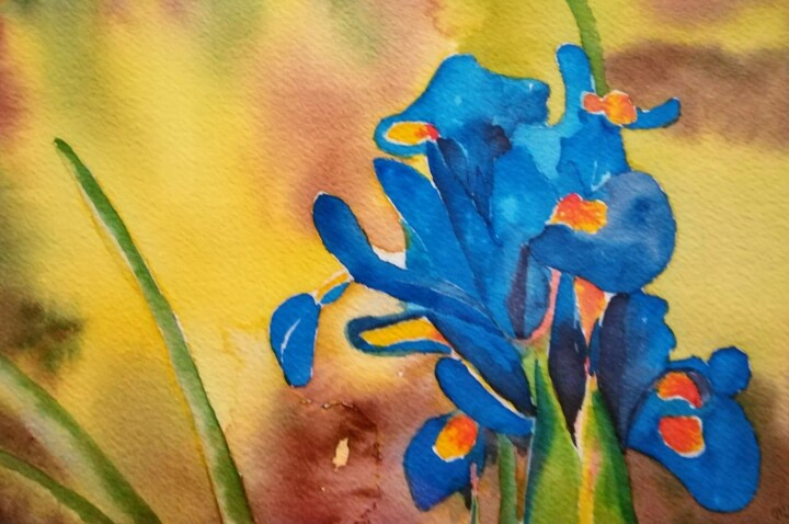 Peinture intitulée "Iris bleus" par Myind, Œuvre d'art originale, Aquarelle