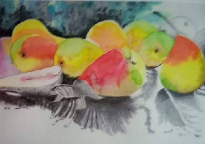 Peinture intitulée "Poires multicolores" par Myind, Œuvre d'art originale, Aquarelle