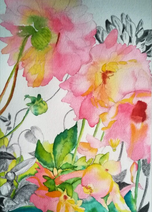 Pintura intitulada "Dahlias roses" por Myind, Obras de arte originais, Aquarela