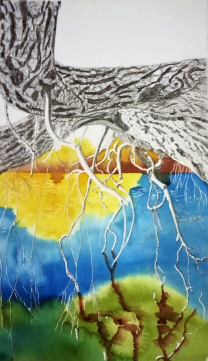 Pintura intitulada "Saule en hiver" por Myind, Obras de arte originais, Aquarela