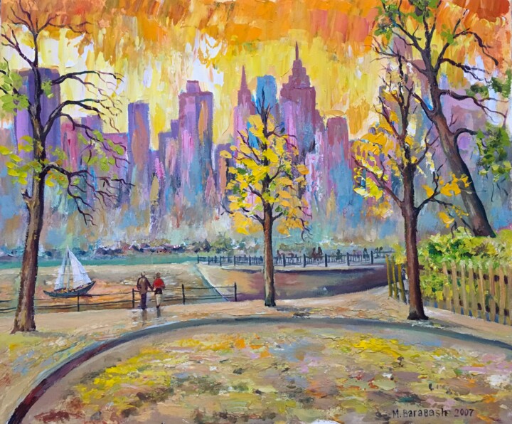 Painting titled "Manhattan View" by Mykhaylo Barabash, Original Artwork, Acrylic Mounted on Wood Stretcher frame