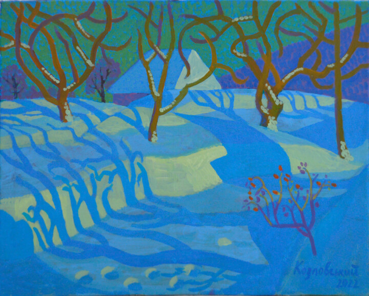 Pittura intitolato "Winter landscape" da Mykola Kozlovskyi, Opera d'arte originale, Acrilico