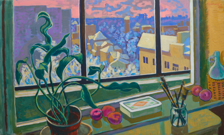 Painting titled "Winter. Flower pot…" by Mykola Kozlovskyi, Original Artwork, Acrylic