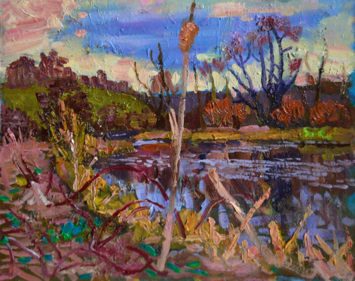 Painting titled "Lake in early spring" by Mykola Kozlovskyi, Original Artwork, Oil
