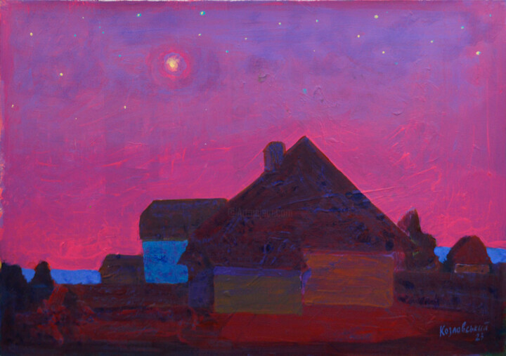 Картина под названием "Landscape with stars" - Mykola Kozlovskyi, Подлинное произведение искусства, Акрил