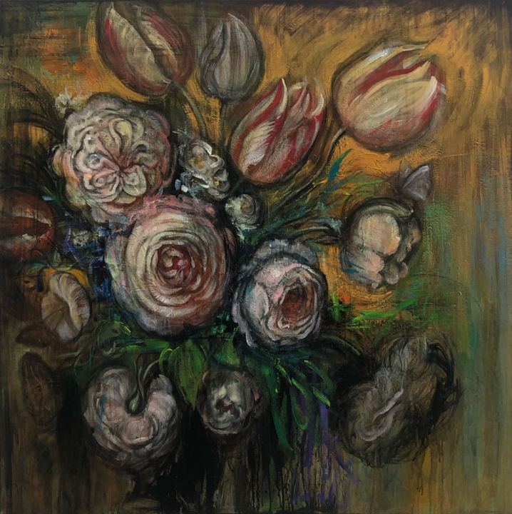 Painting titled "Floral Art Dutch Fl…" by Mykola Zorin, Original Artwork, Acrylic Mounted on Wood Stretcher frame