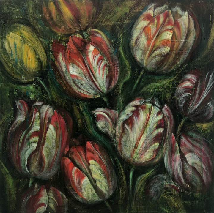Painting titled "Tulips Painting Flo…" by Mykola Zorin, Original Artwork, Acrylic Mounted on Wood Stretcher frame
