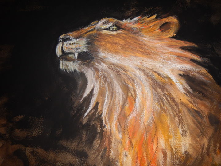 Dessin intitulée "Sa majesté King Lion" par Mylène Caïe-Bertin, Œuvre d'art originale, Pastel