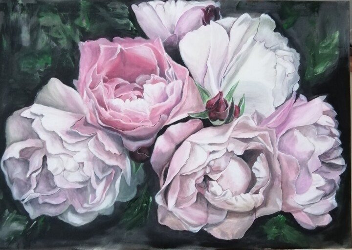 Painting titled "Les pivoines" by Elena Garcia, Original Artwork, Acrylic