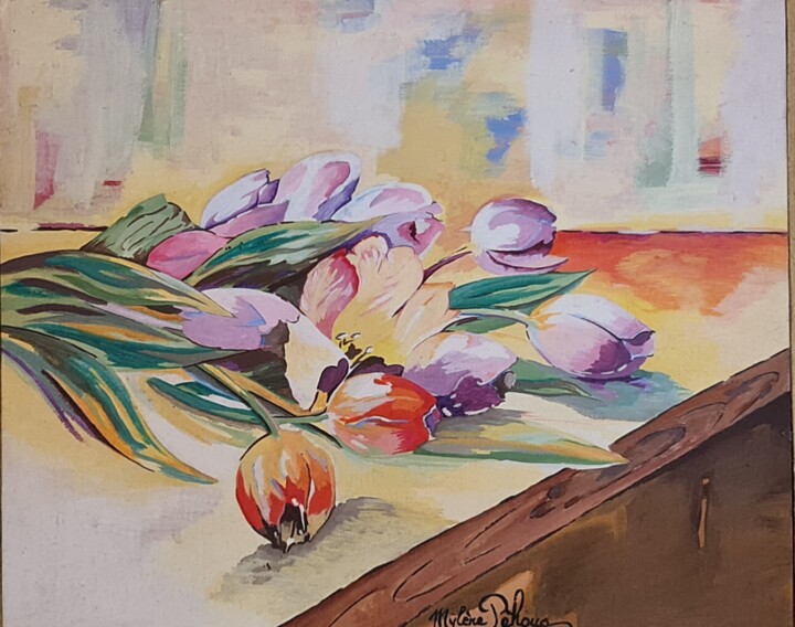 Schilderij getiteld "Les tulipes" door Mylene Pehoua Épse Rouze, Origineel Kunstwerk, Acryl