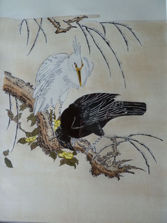Gravures & estampes intitulée "Corbeau et héron da…" par Myriam Amoroso, Œuvre d'art originale, Gravure