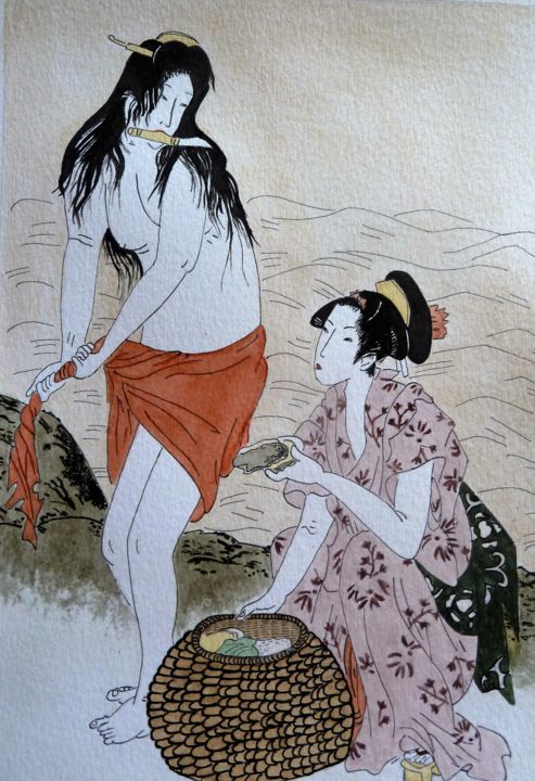 Painting titled "Awabi-tori" by Myriam Amoroso, Original Artwork, Ink