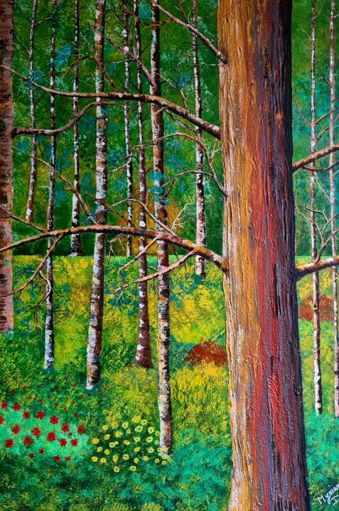 Painting titled "La forêt" by Myriam Djaouk, Original Artwork, Acrylic