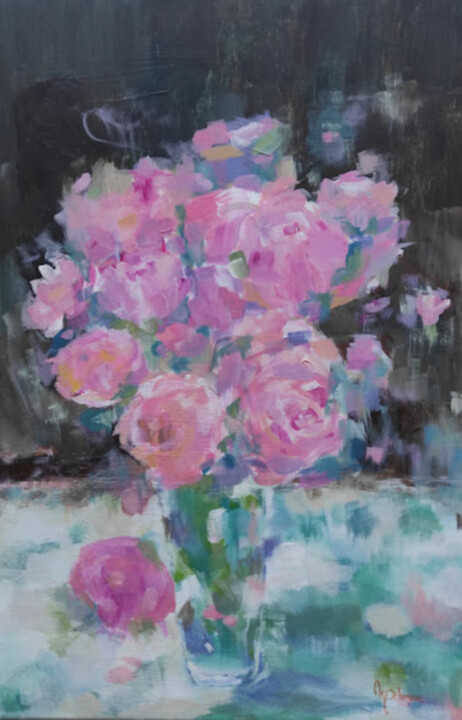 Painting titled "Premières roses" by Myriam Delarue-Assan, Original Artwork, Acrylic Mounted on Wood Stretcher frame