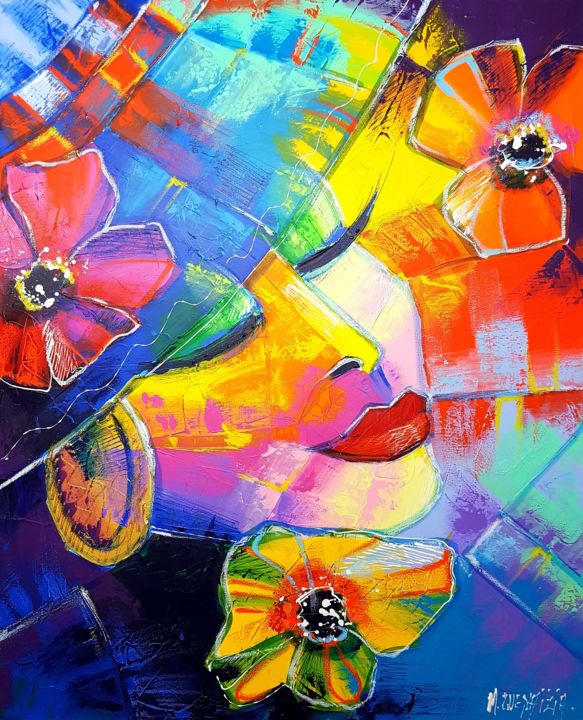 Malerei mit dem Titel "SONGE FLEURI" von Myriam Guenaizia, Original-Kunstwerk, Öl