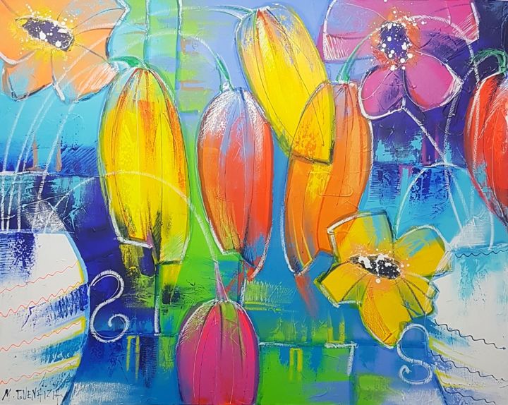 Painting titled "LA POESIE DES VASES…" by Myriam Guenaizia, Original Artwork, Oil