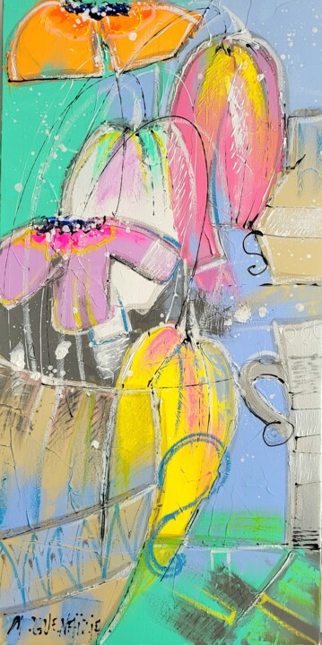 「DOUCES TULIPES」というタイトルの絵画 Myriam Guenaiziaによって, オリジナルのアートワーク, オイル ウッドストレッチャーフレームにマウント