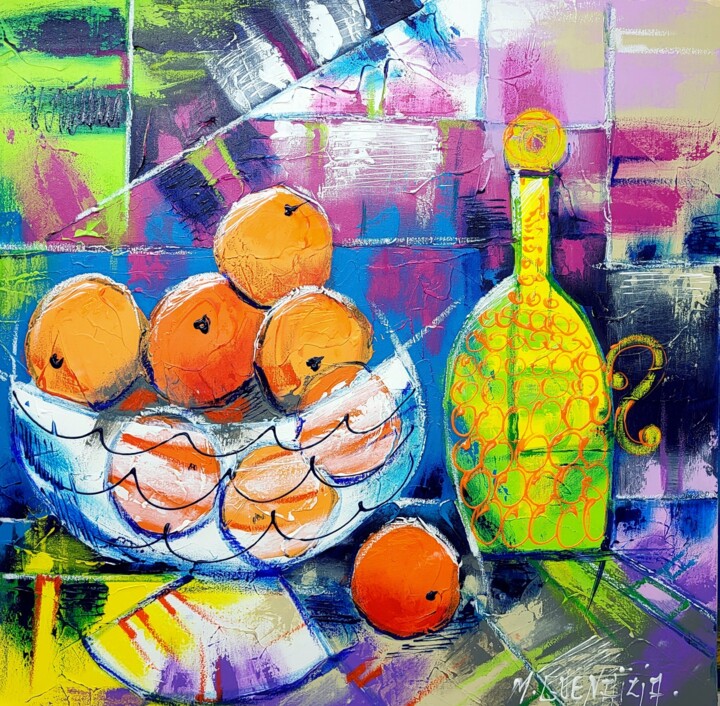 Pintura titulada "LES ORANGES ET LA C…" por Myriam Guenaizia, Obra de arte original, Oleo Montado en Bastidor de camilla de…