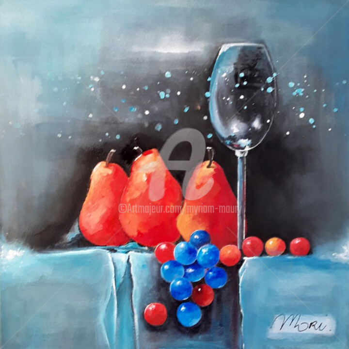 Painting titled "Still life blue" by Myriam Maury, Original Artwork, Oil Mounted on Wood Stretcher frame