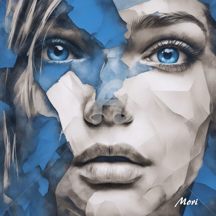 Digital Arts titled "Blue Eyes 2" by Myriam Maury, Original Artwork, Digital Painting