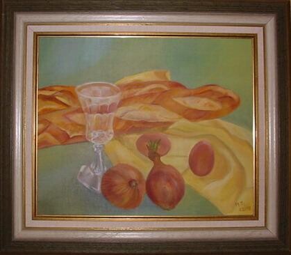 Painting titled "Baguettes et oignons" by Myriam Thomas, Original Artwork