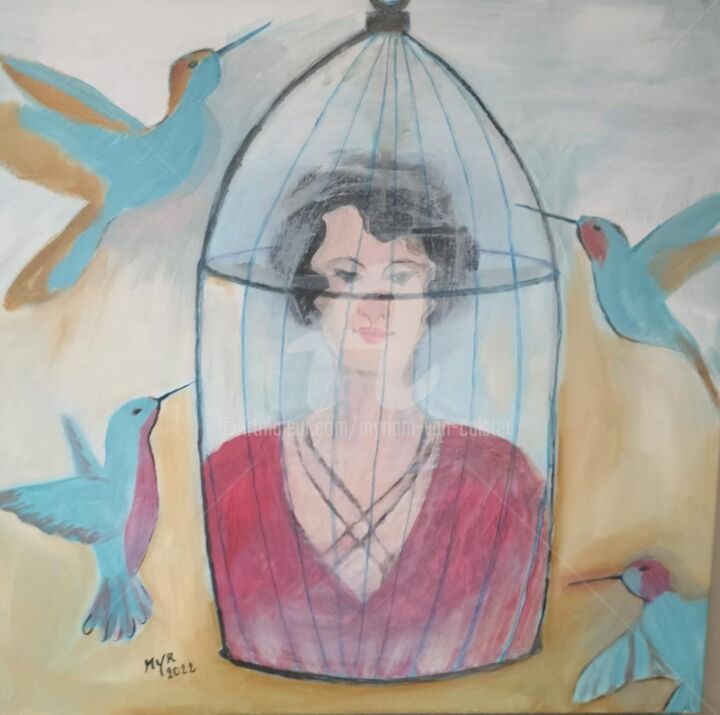 Painting titled "Une cage entourée d…" by Myriam Van Calster, Original Artwork, Acrylic Mounted on Wood Stretcher frame