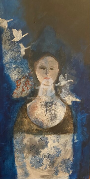 Painting titled ""Volez, volez, mes…" by Myriam Van Calster, Original Artwork, Acrylic Mounted on Wood Stretcher frame