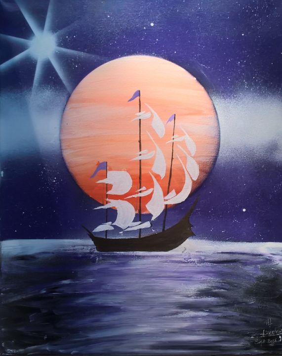 Peinture intitulée "voilier-a-la-lune.j…" par Myriam Wasielewski, Œuvre d'art originale, Acrylique