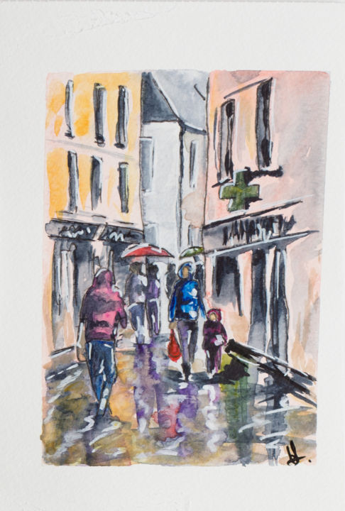 Painting titled "Promenade sous la p…" by Myriam Lonardi, Original Artwork, Watercolor