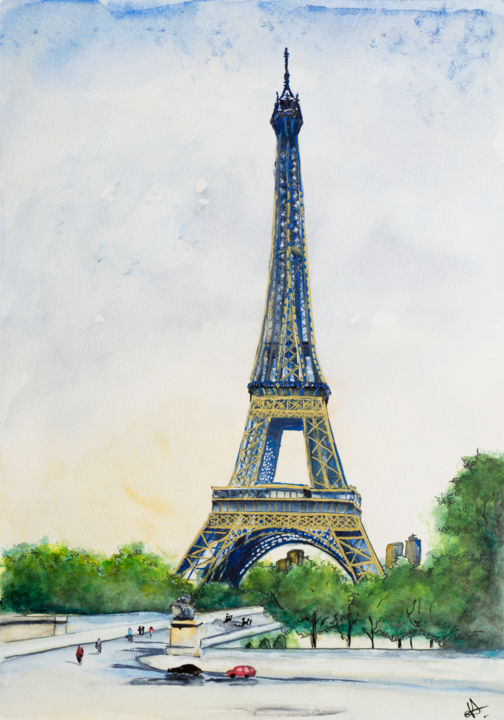 Painting titled "Au pied de la tour…" by Myriam Lonardi, Original Artwork, Watercolor