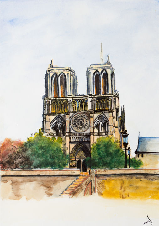 Painting titled "Cathédrale Notre-Da…" by Myriam Lonardi, Original Artwork, Watercolor