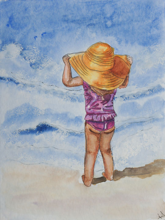 Peinture intitulée "Fillette à la plage" par Myriam Lonardi, Œuvre d'art originale, Aquarelle