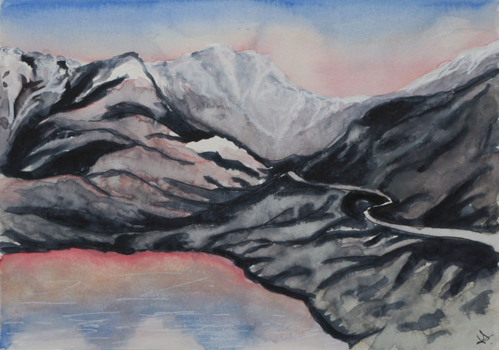 Painting titled "Montagne gelée" by Myriam Lonardi, Original Artwork, Watercolor