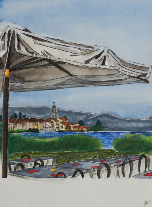 Peinture intitulée "Café sur le Lac de…" par Myriam Lonardi, Œuvre d'art originale, Aquarelle