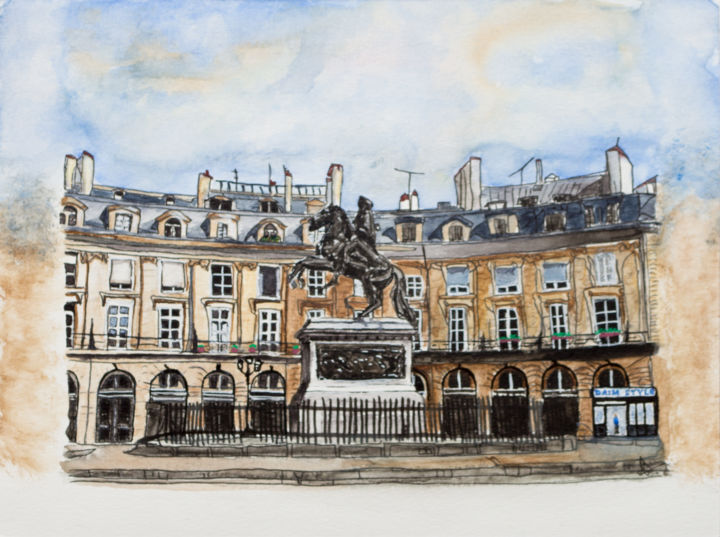 Painting titled "Place des Victoires…" by Myriam Lonardi, Original Artwork, Watercolor