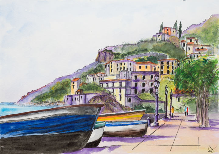 Painting titled "Port Amalfi" by Myriam Lonardi, Original Artwork, Watercolor