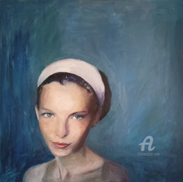 Painting titled "Retrato de mujer az…" by Myriam Lucas, Original Artwork, Oil