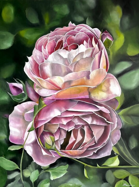 Painting titled "Pink garden roses" by Myroslava Denysyuk, Original Artwork, Oil Mounted on Wood Stretcher frame