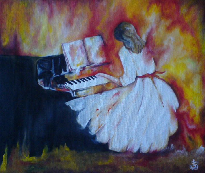 Painting titled "Girl at the piano" by Abdél Zhairi, Original Artwork, Oil