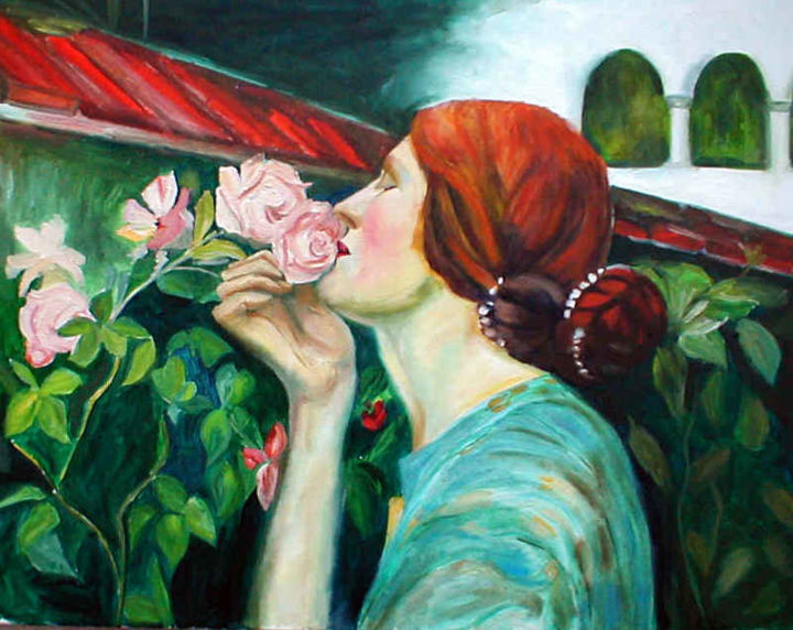 Painting titled "dame-a-la-rose.jpg" by Mysane, Original Artwork, Oil
