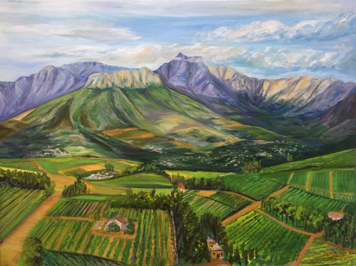 Painting titled "Stellenbosch vineya…" by Nelli Vekszler, Original Artwork, Oil Mounted on Wood Stretcher frame