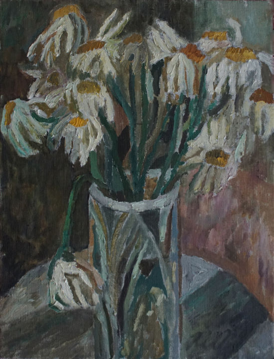 Painting titled "chamomile" by Hanna Asianienka, Original Artwork, Oil