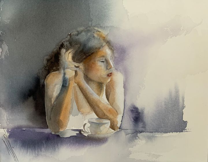 Painting titled "L’attente" by Naalya, Original Artwork, Watercolor Mounted on Cardboard