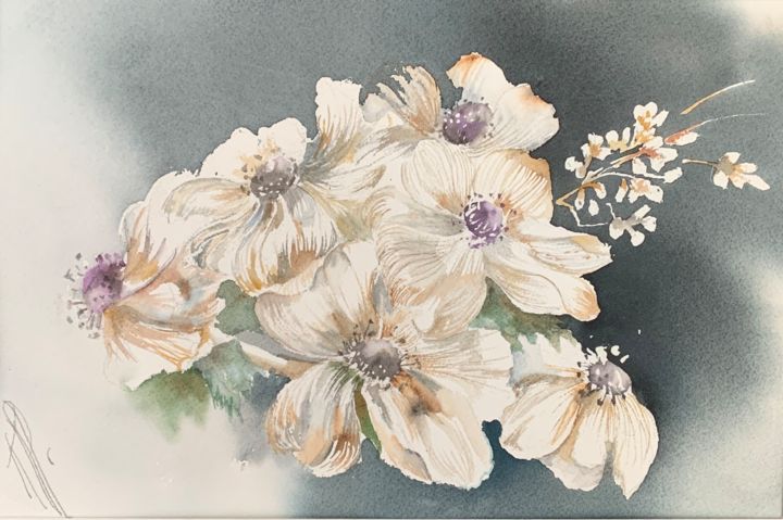 Painting titled "Fleurs blanches" by Naalya, Original Artwork, Watercolor Mounted on Cardboard