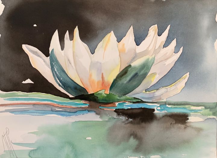 Painting titled "Nénuphar" by Naalya, Original Artwork, Watercolor Mounted on Cardboard