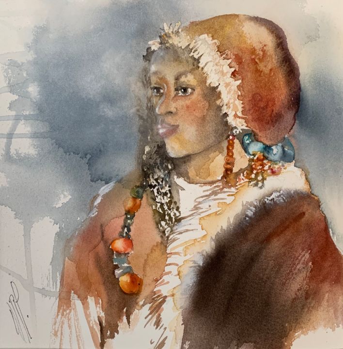 Painting titled "Femme du Nord" by Naalya, Original Artwork, Watercolor Mounted on Cardboard