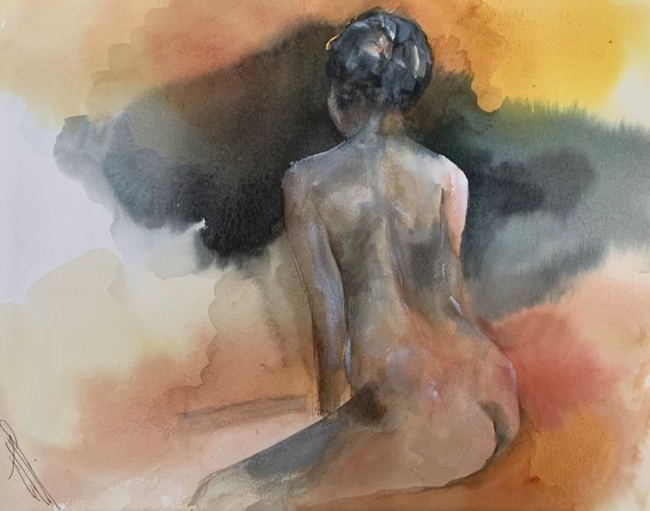 Painting titled "Nu" by Naalya, Original Artwork, Watercolor Mounted on Cardboard