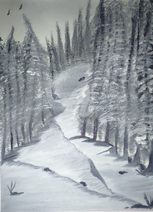 Peinture intitulée "Snowy Pine trees in…" par Naaz Ansari (An Imaginative World), Œuvre d'art originale, Huile