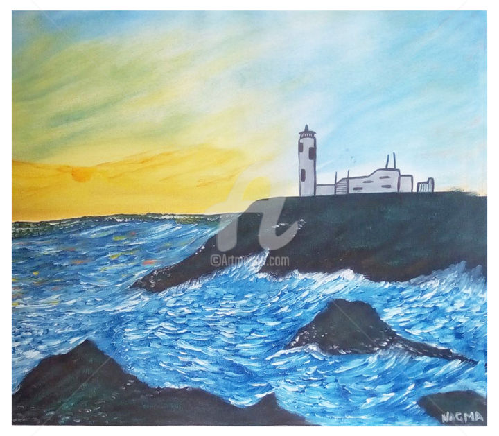 Peinture intitulée "Lighthouse with Sea…" par Naaz Ansari (An Imaginative World), Œuvre d'art originale, Huile
