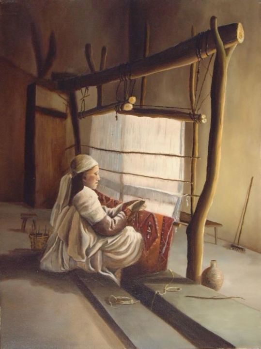 Painting titled "La tisserande" by Till Dehrmann, Original Art, Oil
